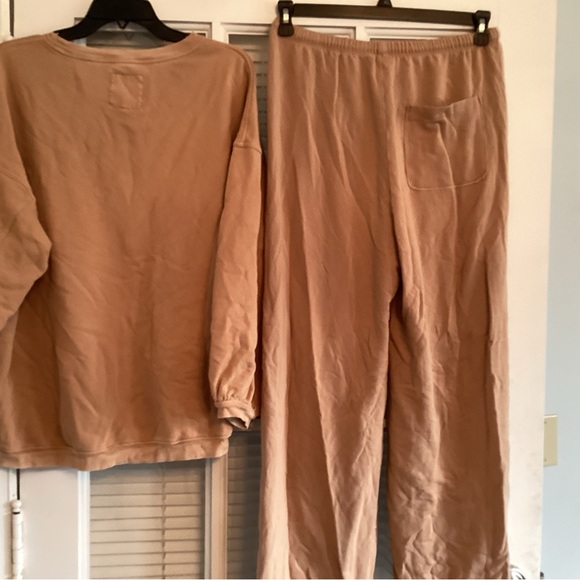 aerie Women's Cozy Crewneck Sweatshirt and Wide Leg Pants Set - Tan - Picture 2 of 4